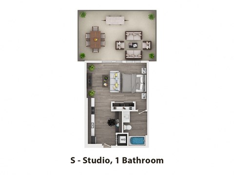 A floor plan of a studio apartment with one bathroom.